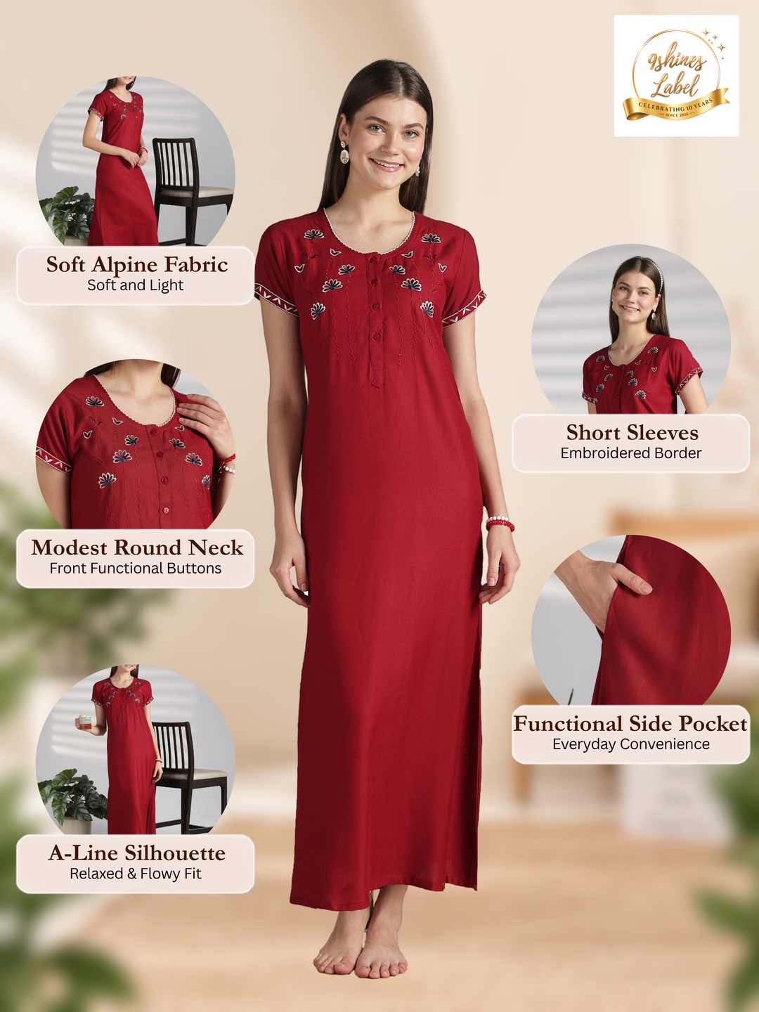 Designer Alpine Nighty with Embroidered Neck and Pocket