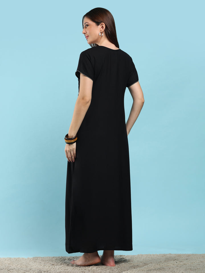 Charm Black Alpine Designer Nighty for Women with Pintuck Embroidery