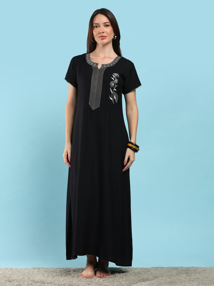 Charm Black Alpine Designer Nighty for Women with Pintuck Embroidery
