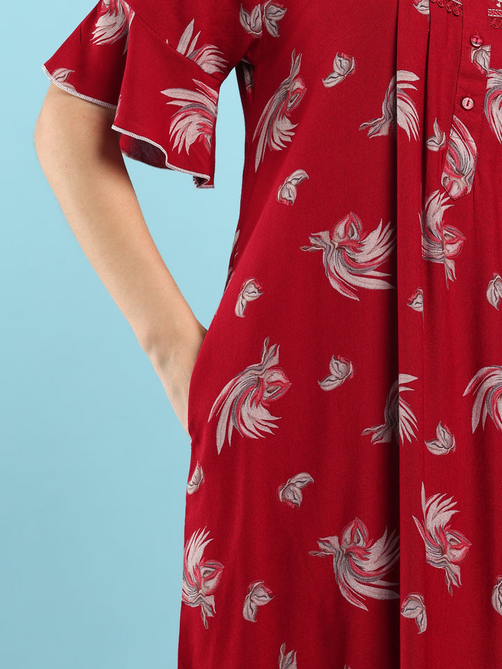 Floret Ruby Floral Pleated Designer Nighty for Women