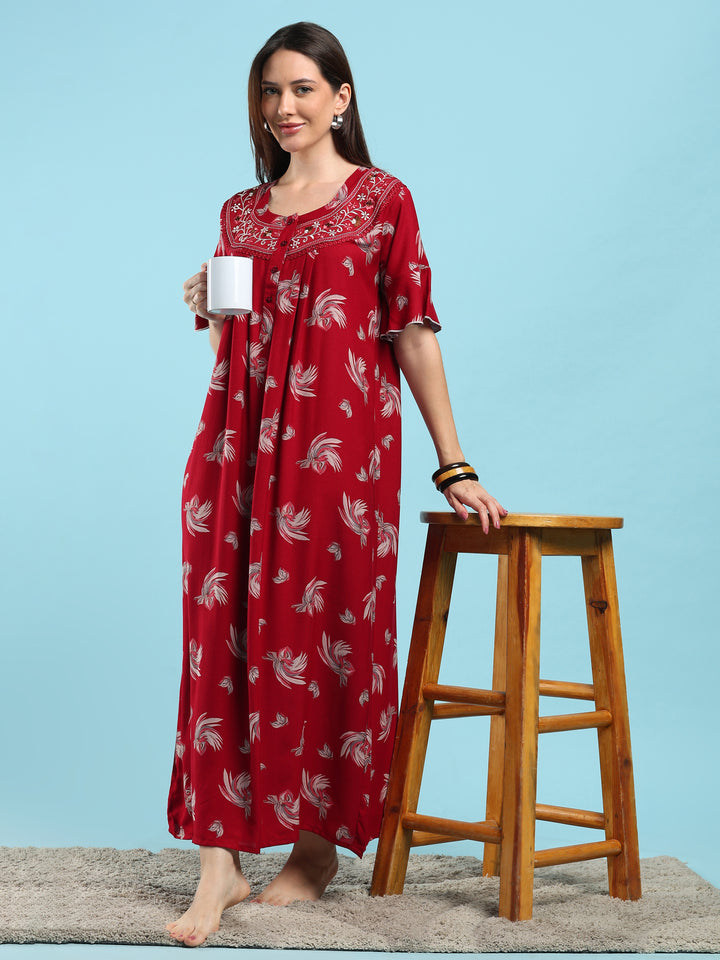 Floret Ruby Floral Pleated Designer Nighty for Women