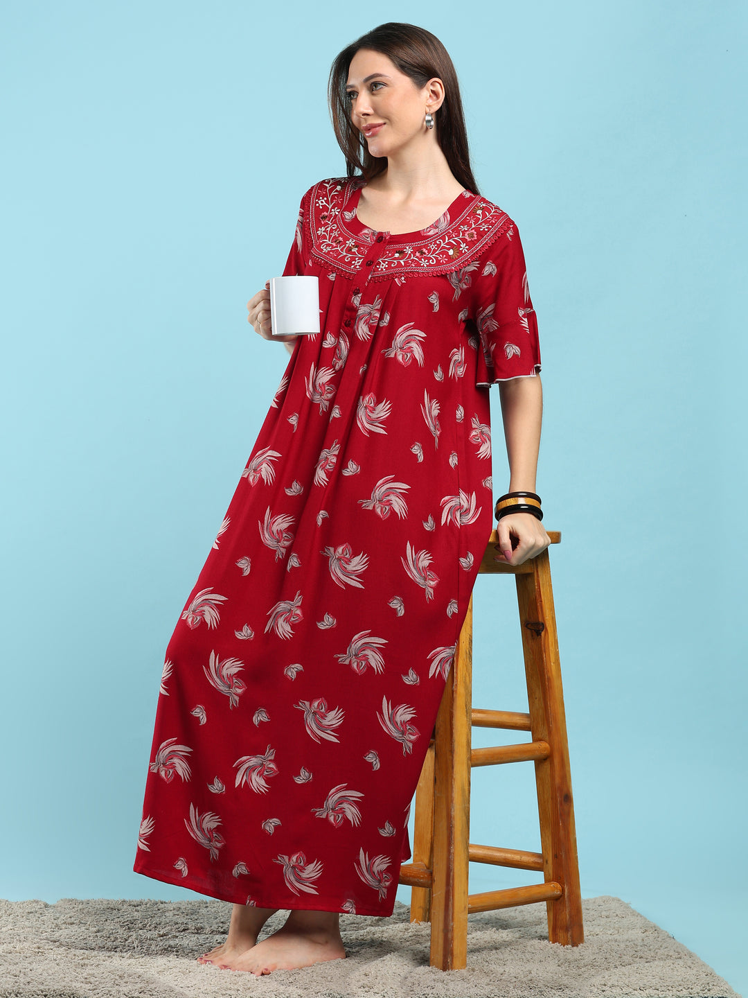 Floret Ruby Floral Pleated Designer Nighty for Women