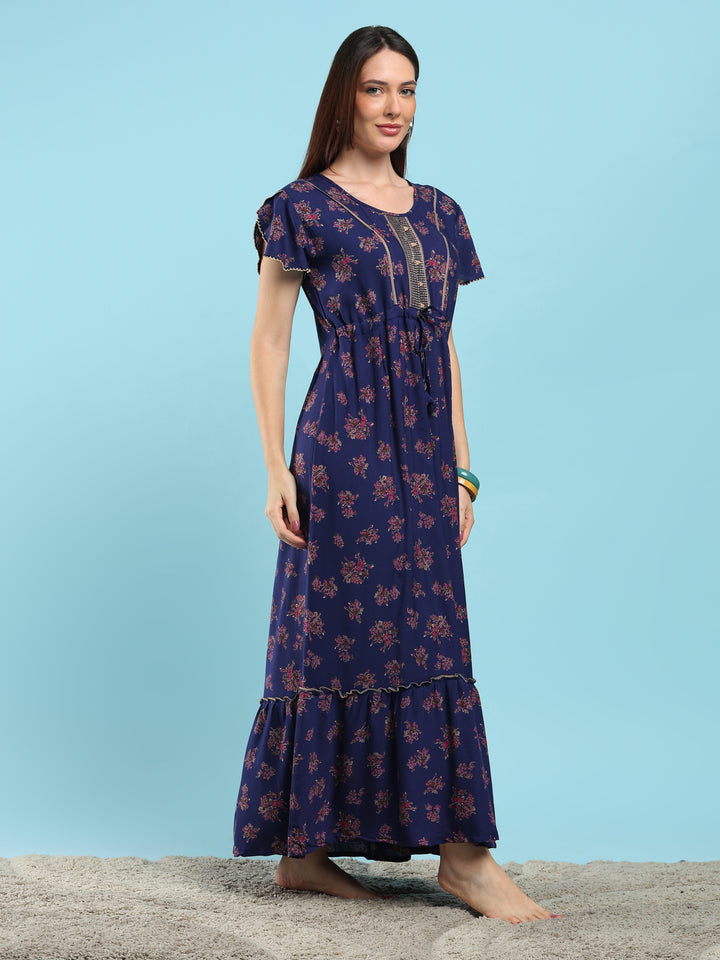 Blossom Azure Alpine Designer Nighty for Women Relaxed Frock Style