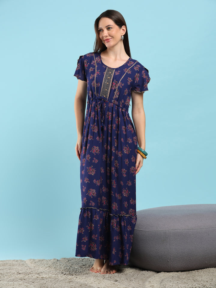 Blossom Azure Alpine Designer Nighty for Women Relaxed Frock Style
