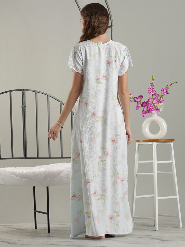 Bamboo Cotton Floral Nighty in Soft Blue with Lace Yoke and Pocket
