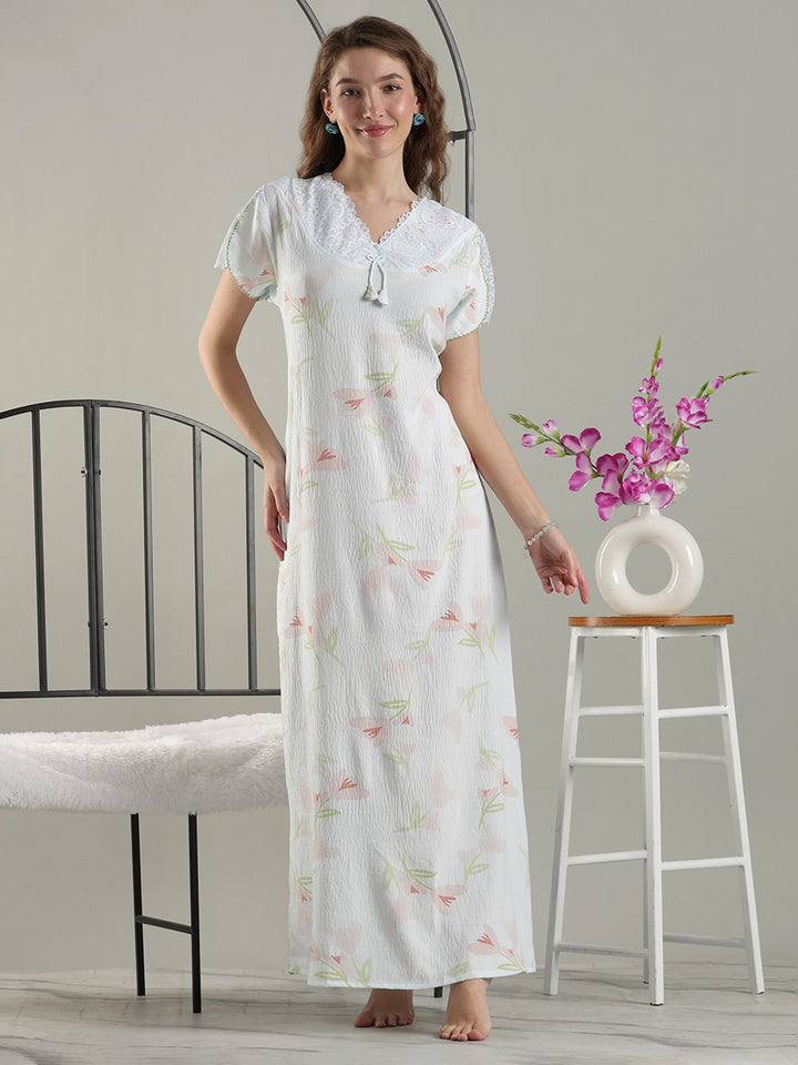 Bamboo Cotton Floral Nighty in Soft Blue with Lace Yoke and Pocket