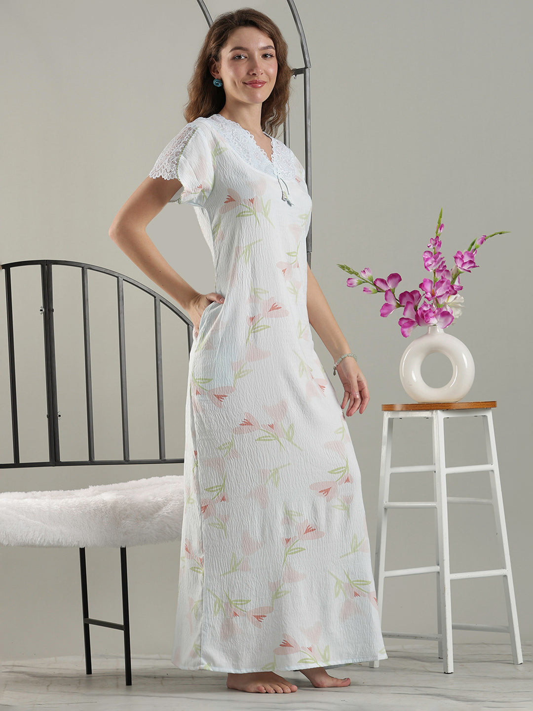 Bamboo Cotton Floral Nighty in Soft Blue with Lace Yoke and Pocket