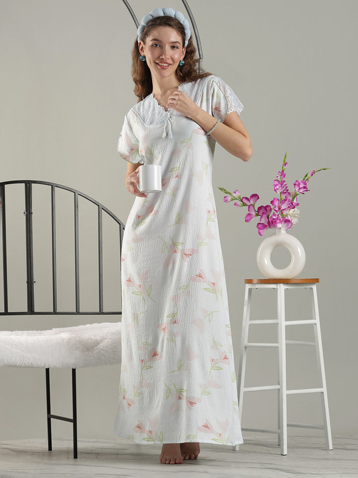 Bamboo Cotton Floral Nighty in Soft Blue with Lace Yoke and Pocket