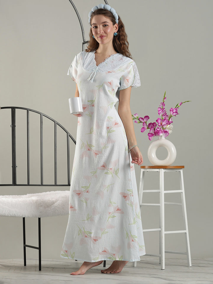 Bamboo Cotton Floral Nighty in Soft Blue with Lace Yoke and Pocket