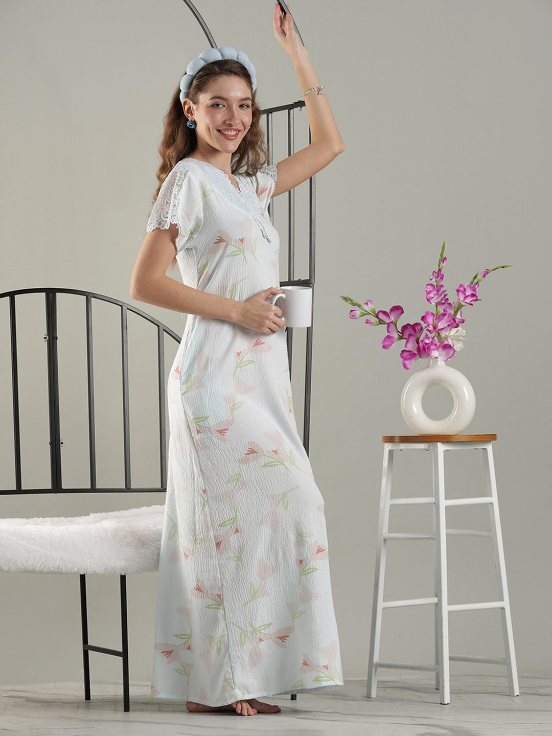 Bamboo Cotton Floral Nighty in Soft Blue with Lace Yoke and Pocket