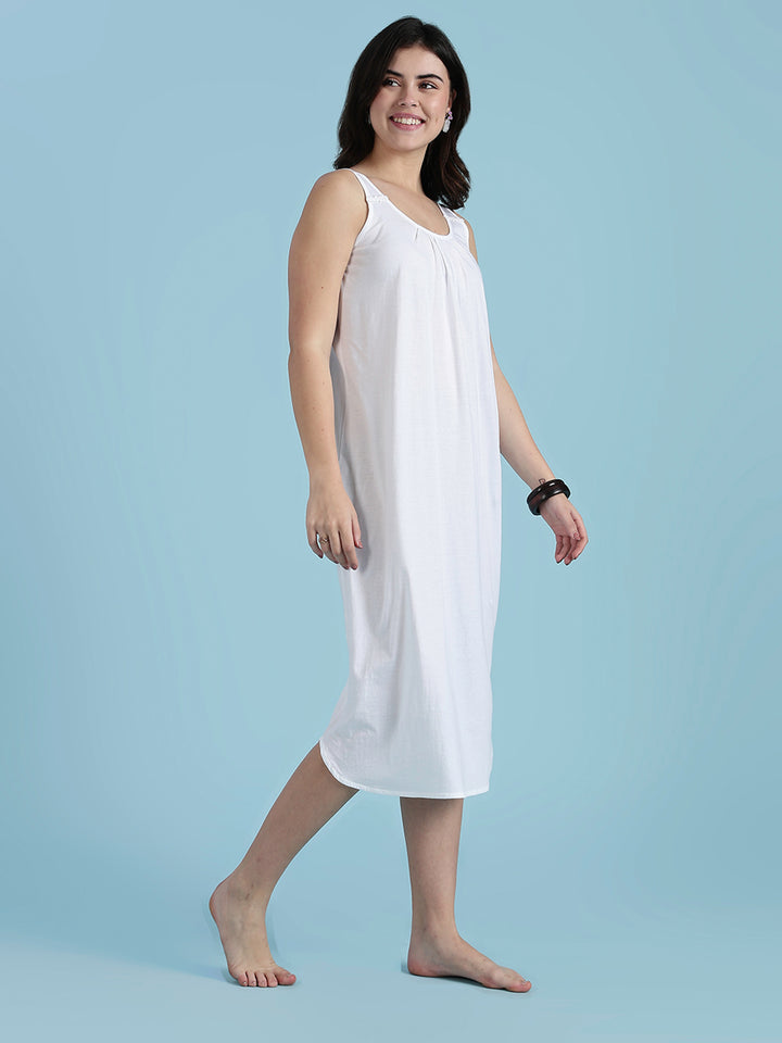 White Sleeveless A Line Cotton Hosiery Slip Nightdress for Women