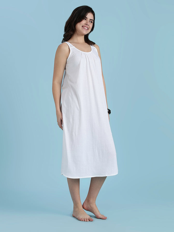 White Sleeveless A Line Cotton Hosiery Slip Nightdress for Women