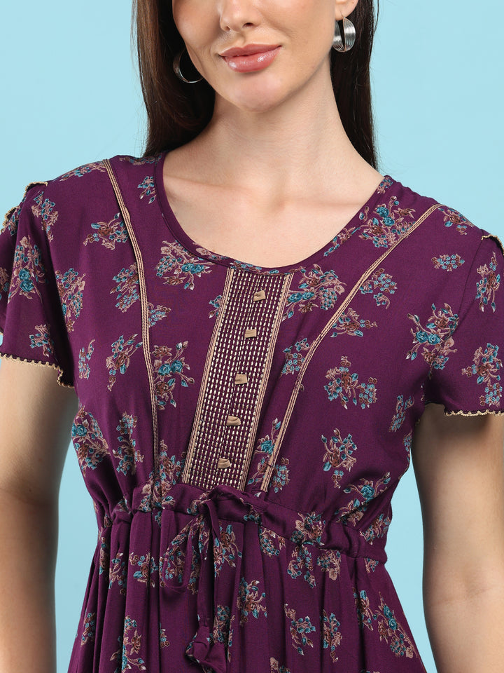 Blossom Wine Alpine Designer Nighty for Women Comfortable Frock Style