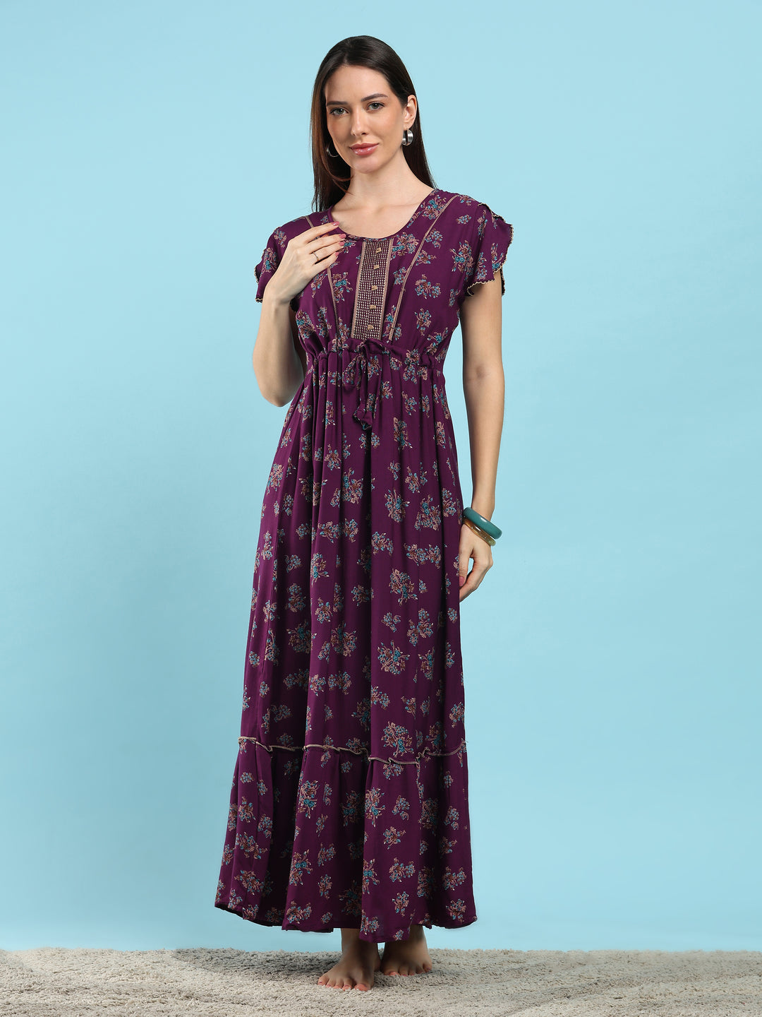 Blossom Wine Alpine Designer Nighty for Women Comfortable Frock Style
