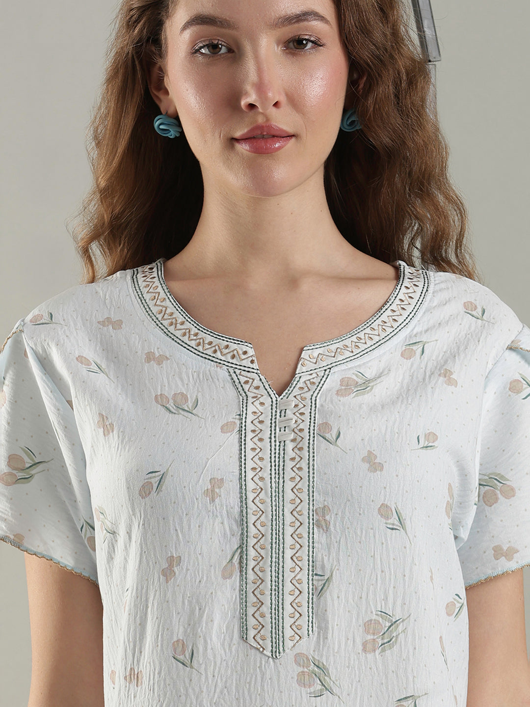 Crush Cotton Tulip Print Nighty Dress For Women Cool Misty Blue