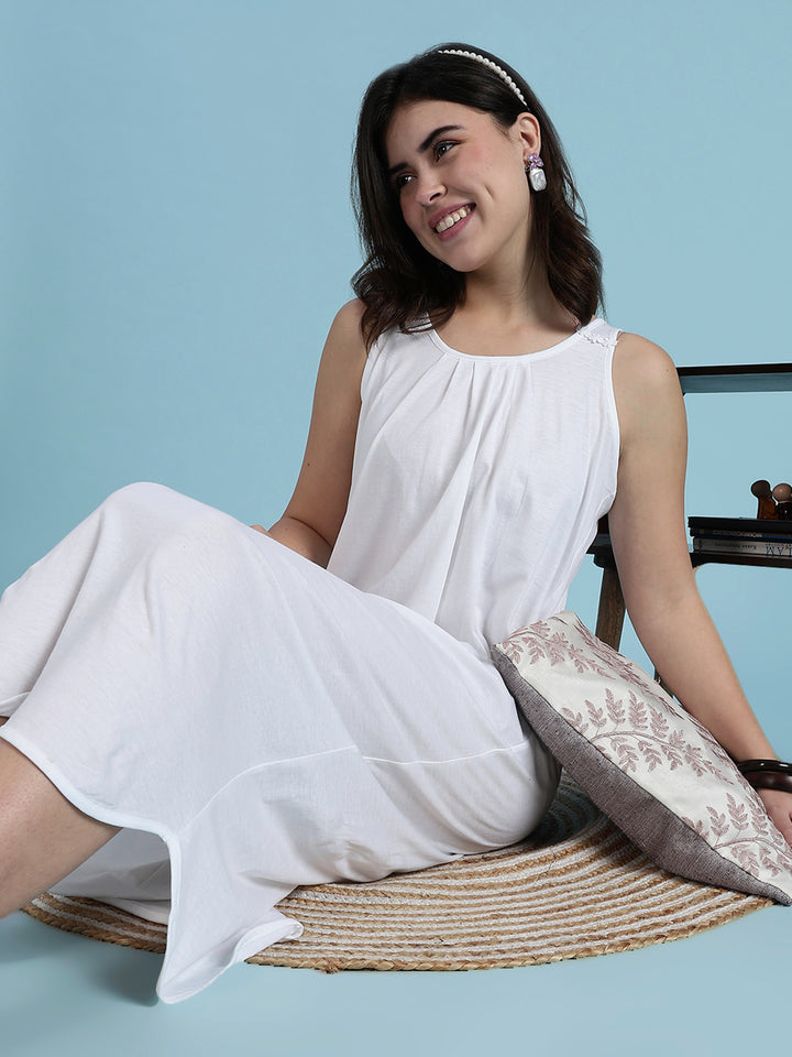 White Sleeveless A Line Cotton Hosiery Slip Nightdress for Women