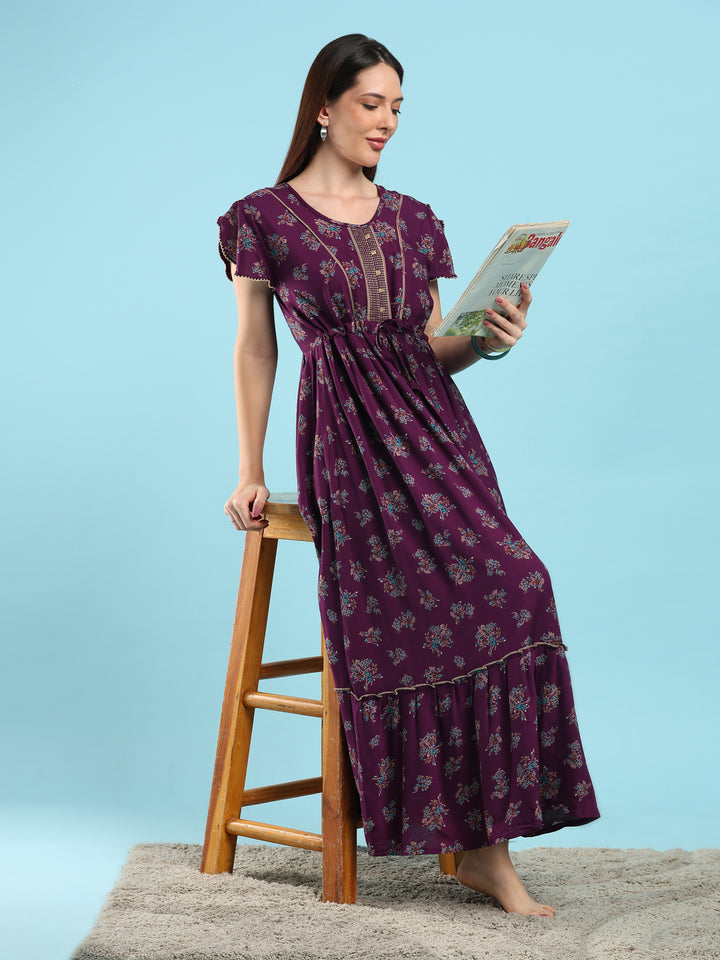 Blossom Wine Alpine Designer Nighty for Women Comfortable Frock Style