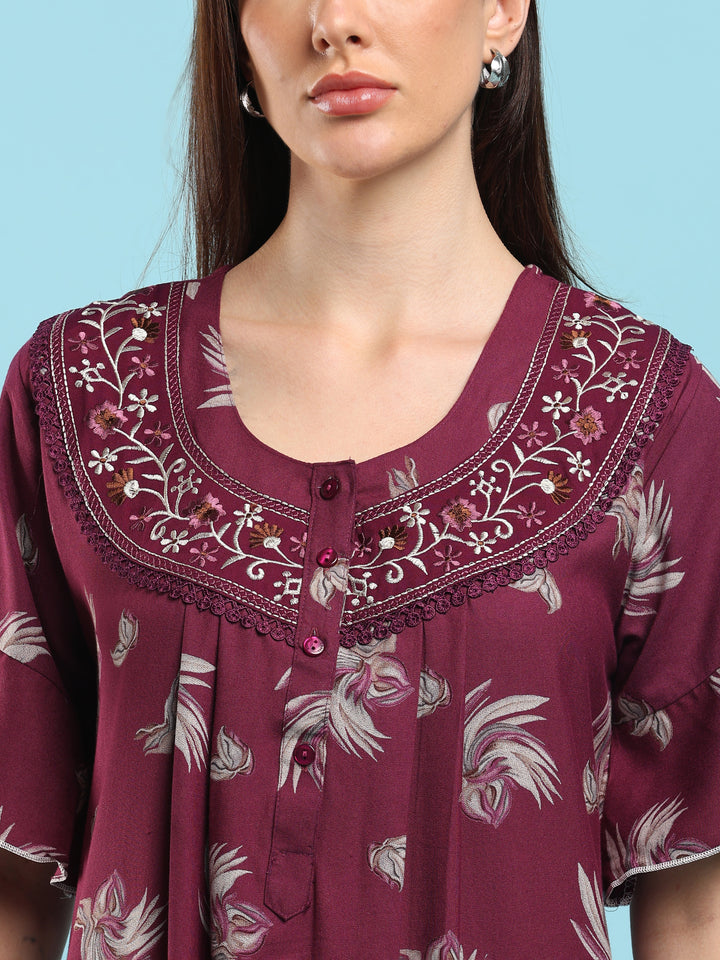 Floret Purple Floral Pleated Designer Nighty for Women