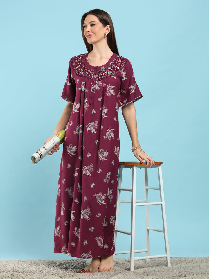 Floret Purple Floral Pleated Designer Nighty for Women