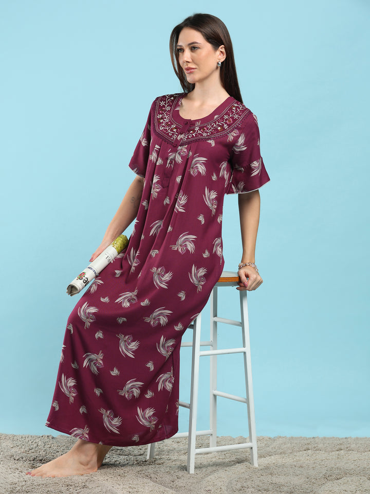 Floret Purple Floral Pleated Designer Nighty for Women