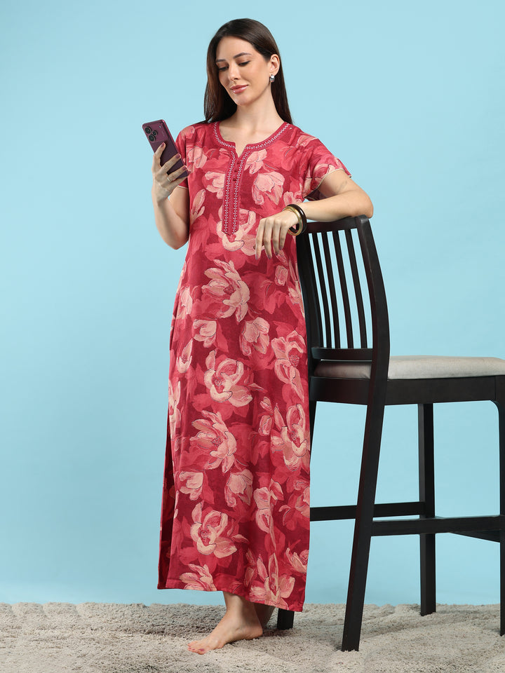 Petal Berry Floral Print Designer Nighty for Women Comfortable