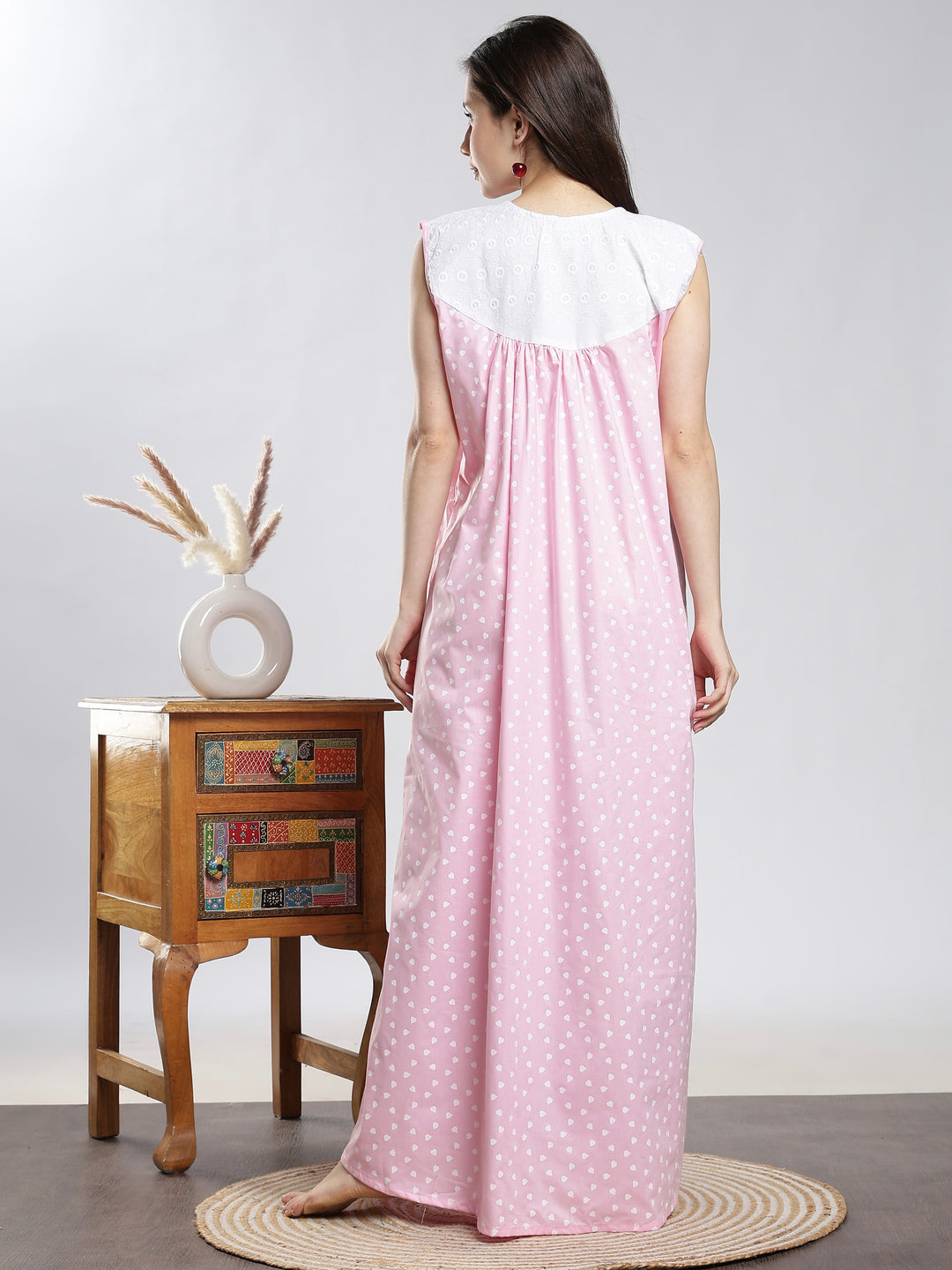 Pure Cotton Heart Print Pink Sleeveless Nighty for Women