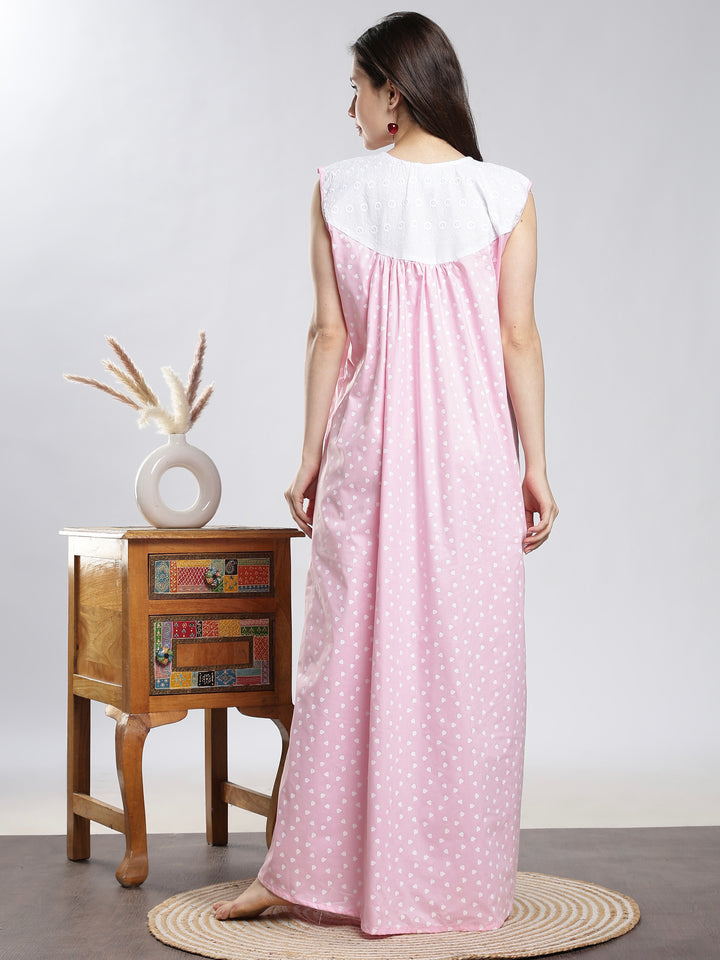 Pure Cotton Heart Print Pink Sleeveless Nighty for Women