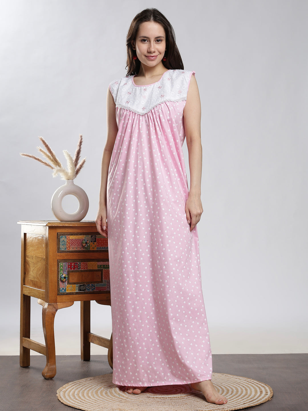 Pure Cotton Heart Print Pink Sleeveless Nighty for Women
