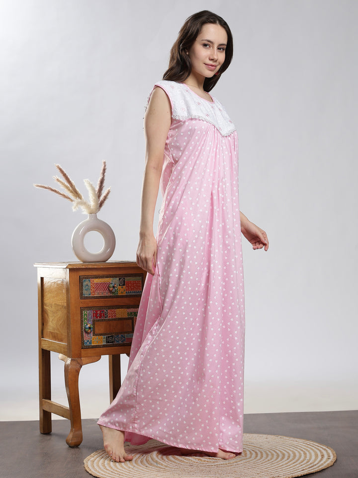 Pure Cotton Heart Print Pink Sleeveless Nighty for Women
