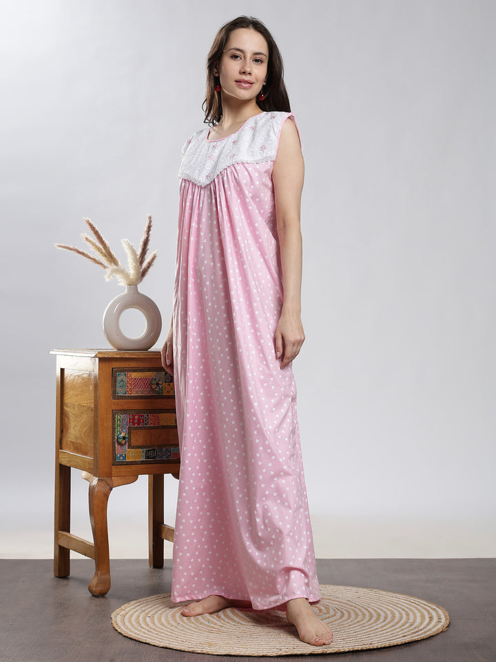 Pure Cotton Heart Print Pink Sleeveless Nighty for Women