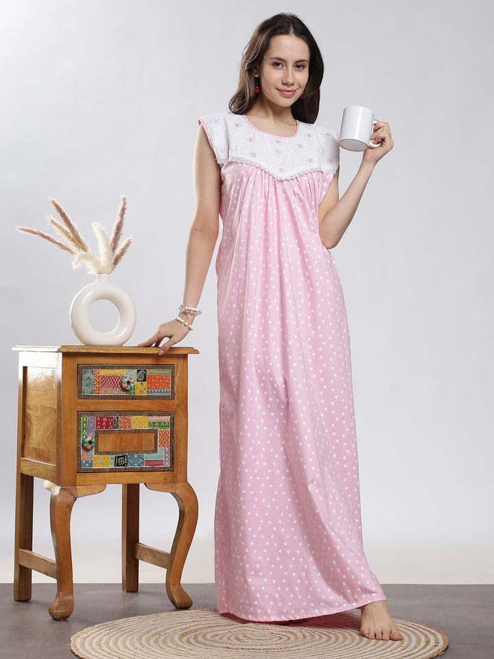 Pure Cotton Heart Print Pink Sleeveless Nighty for Women
