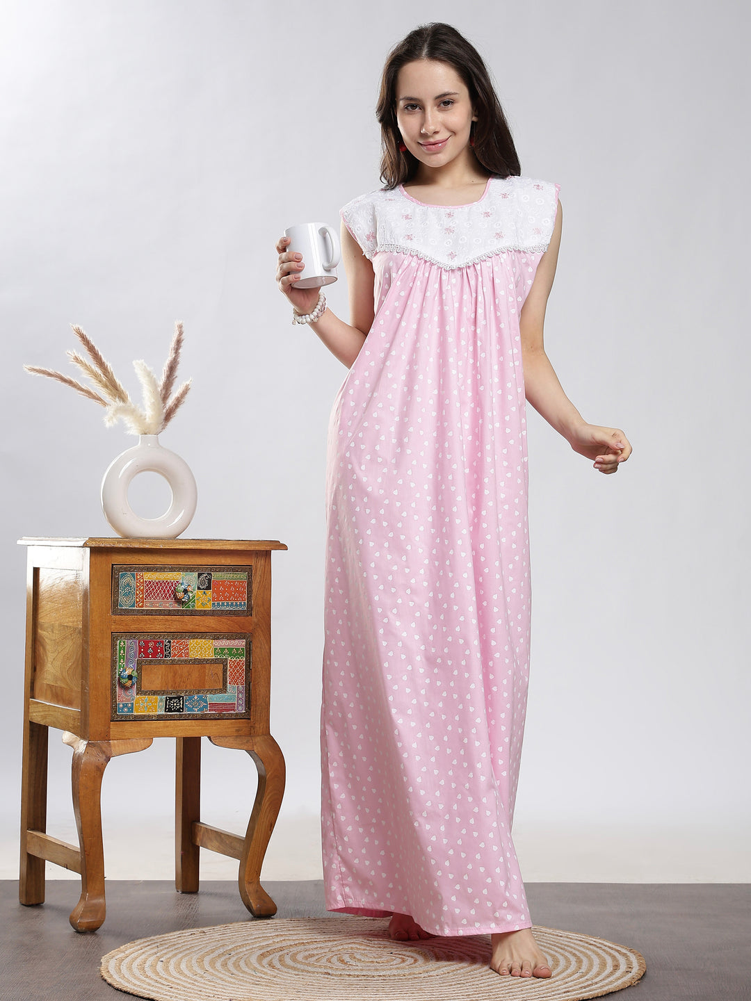 Pure Cotton Heart Print Pink Sleeveless Nighty for Women