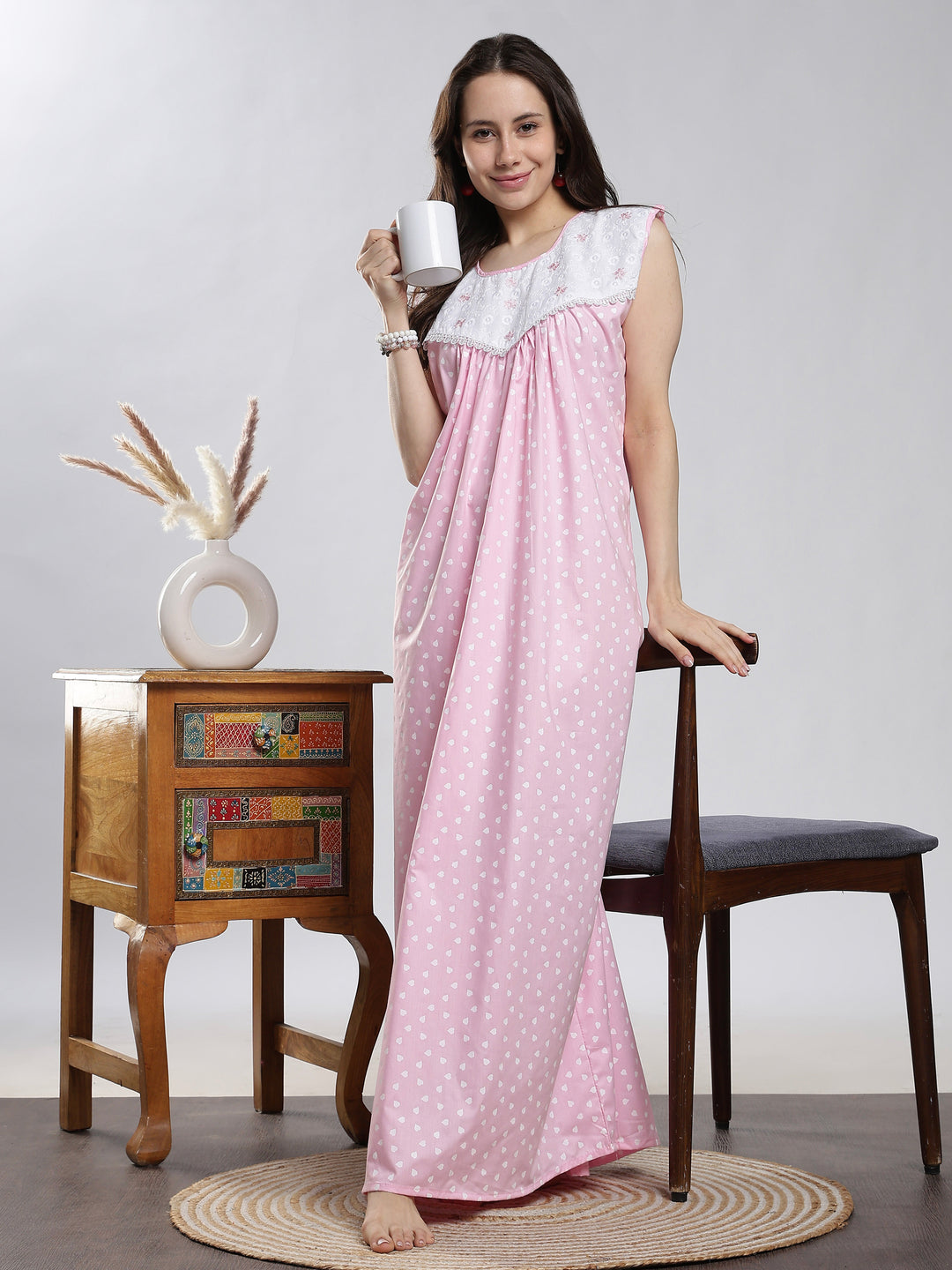 Pure Cotton Heart Print Pink Sleeveless Nighty for Women