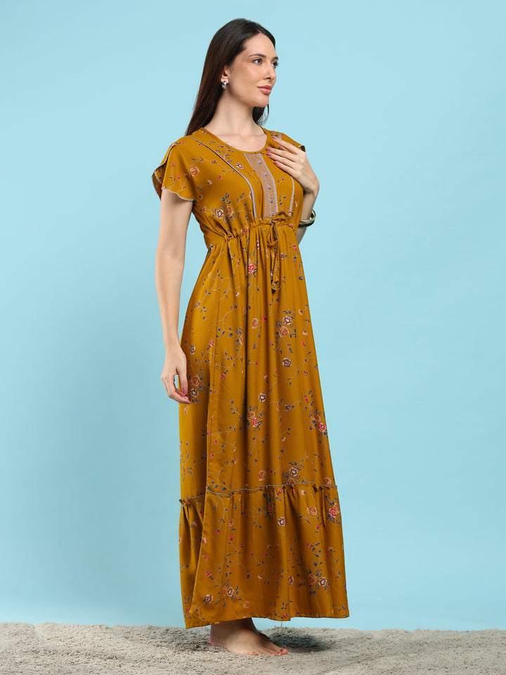 Floret Mustard Alpine Designer Nighty for Women with Frock Fit
