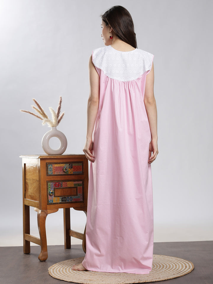 Saheli Pure Cotton Sleeveless Pleated Nighty for Women Polka Pink