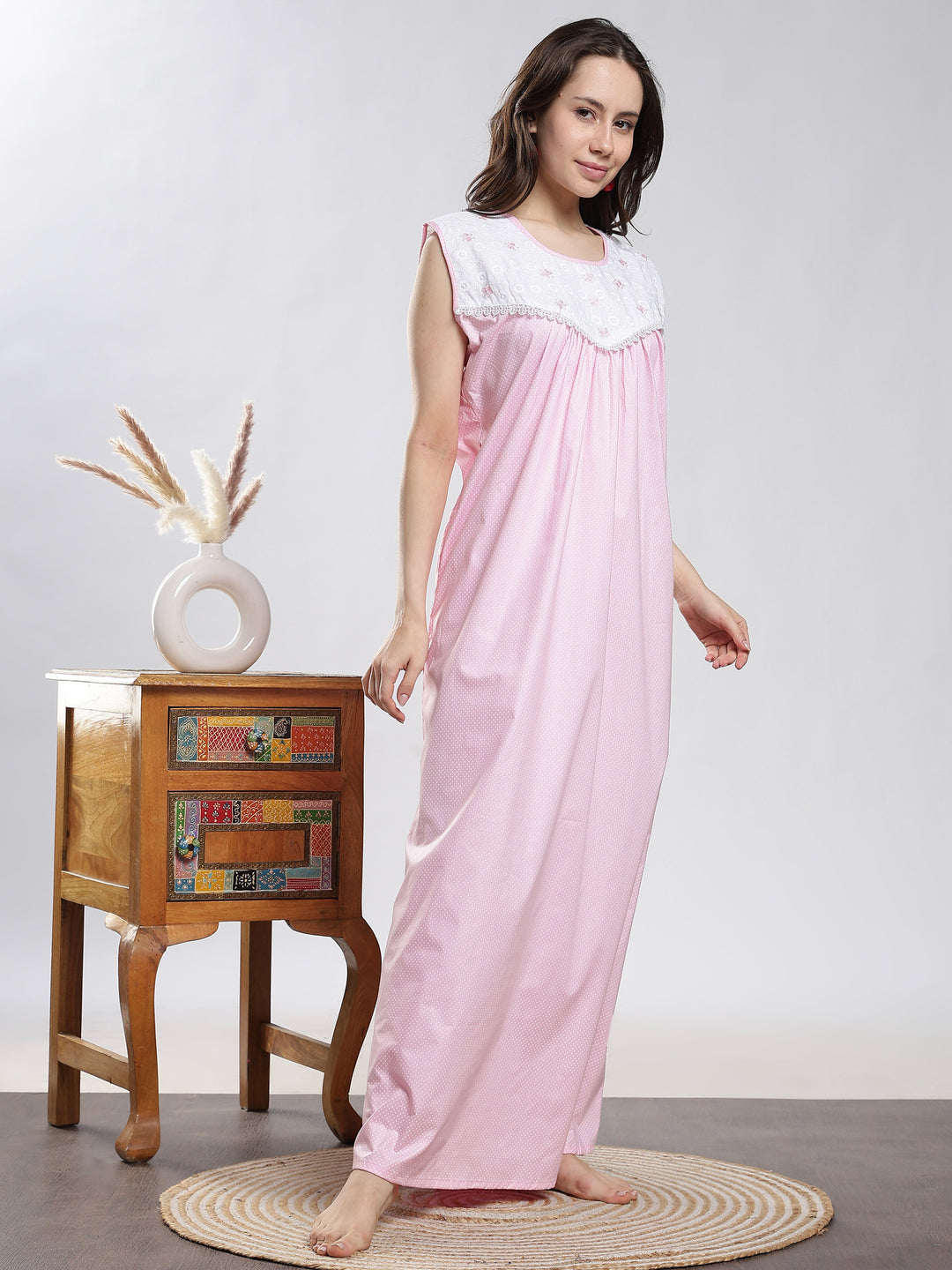 Saheli Pure Cotton Sleeveless Pleated Nighty for Women Polka Pink