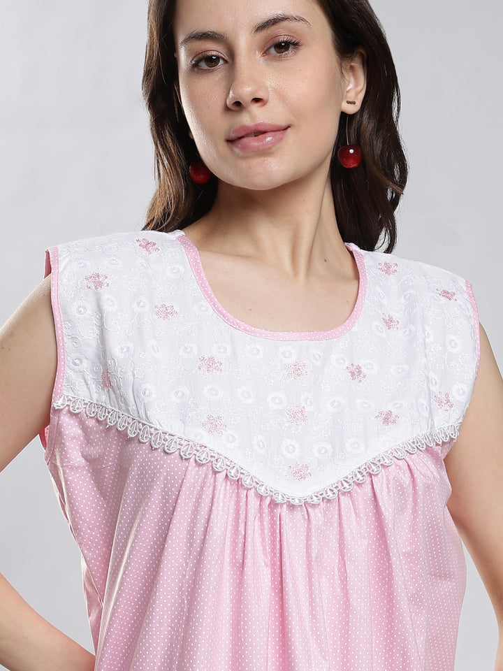 Saheli Pure Cotton Sleeveless Pleated Nighty for Women Polka Pink