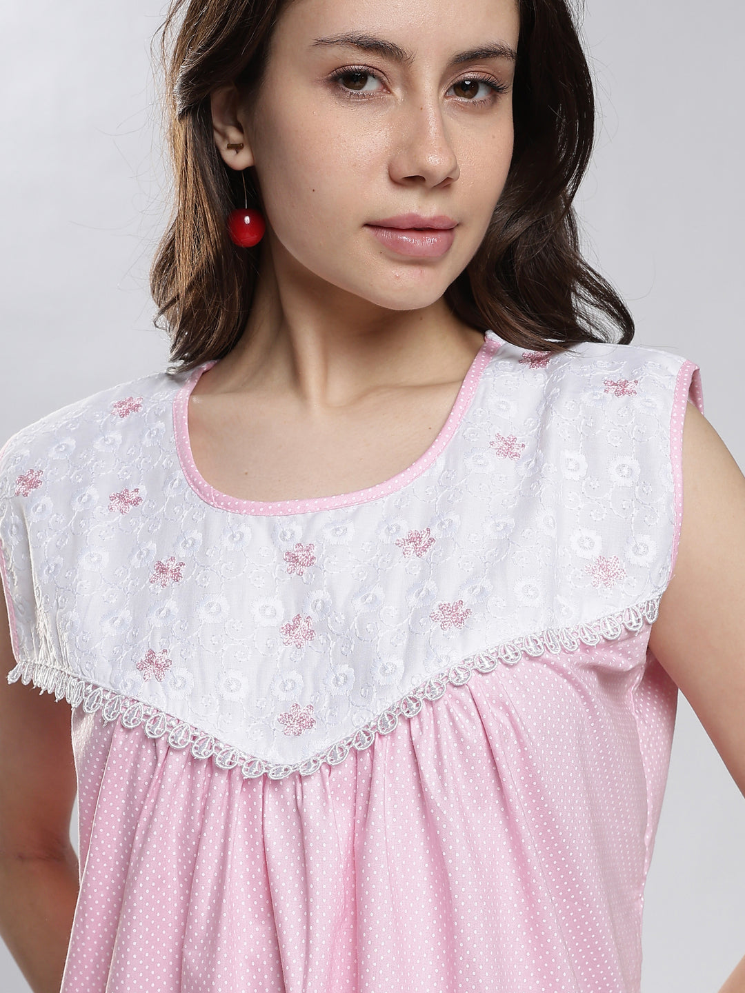 Saheli Pure Cotton Sleeveless Pleated Nighty for Women Polka Pink