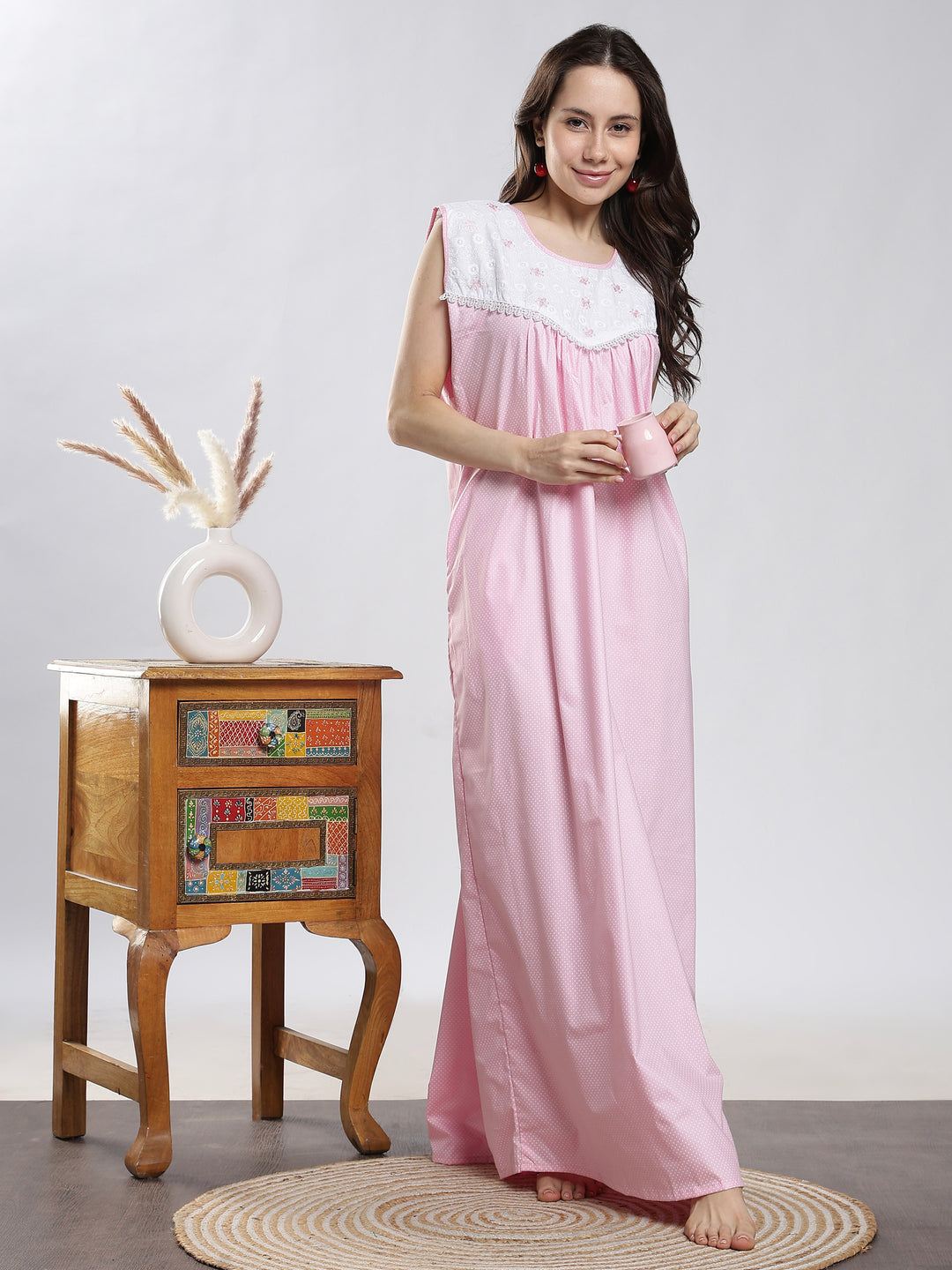 Saheli Pure Cotton Sleeveless Pleated Nighty for Women Polka Pink