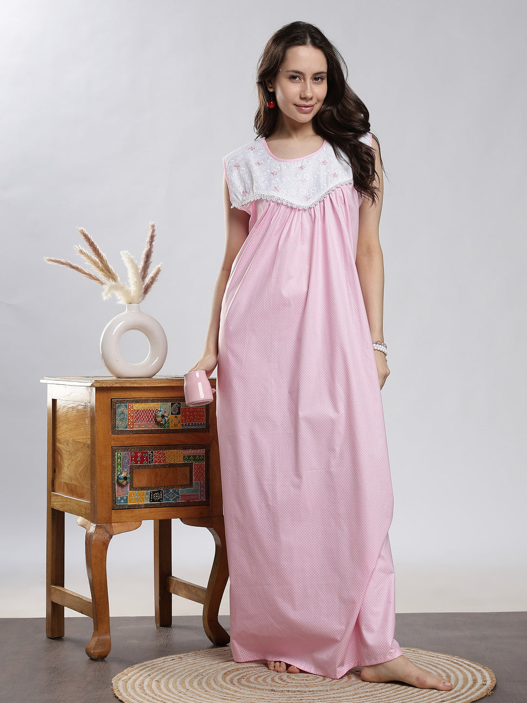Saheli Pure Cotton Sleeveless Pleated Nighty for Women Polka Pink