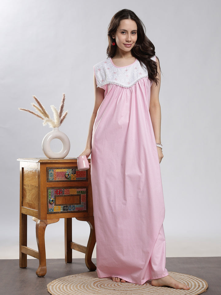 Saheli Pure Cotton Sleeveless Pleated Nighty for Women Polka Pink