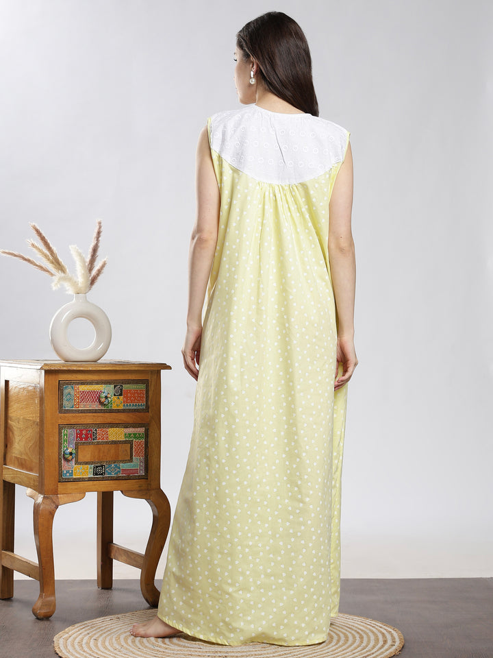 Pure Cotton Heart Print Sleeveless Nighty with Embroidered Yoke