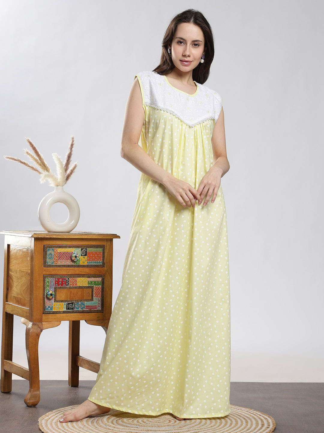 Pure Cotton Heart Print Sleeveless Nighty with Embroidered Yoke