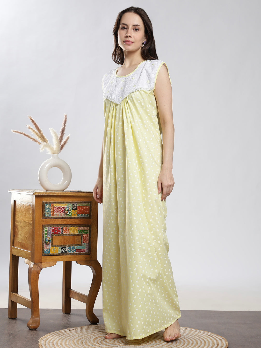Pure Cotton Heart Print Sleeveless Nighty with Embroidered Yoke