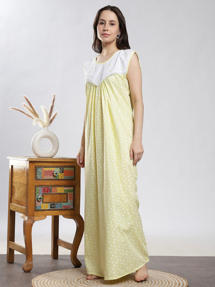 Pure Cotton Heart Print Sleeveless Nighty with Embroidered Yoke
