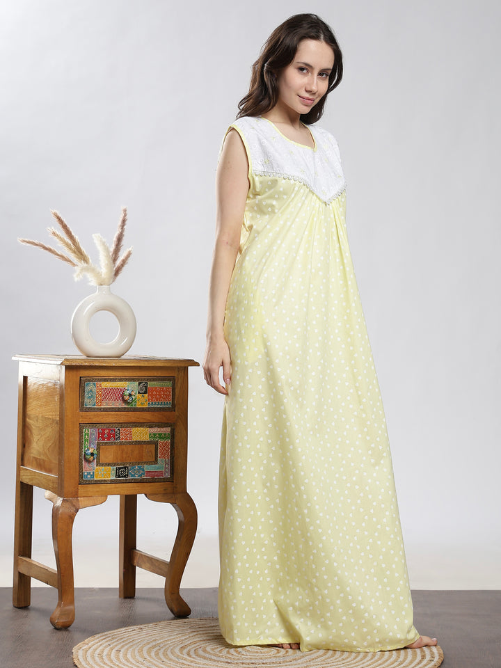 Pure Cotton Heart Print Sleeveless Nighty with Embroidered Yoke