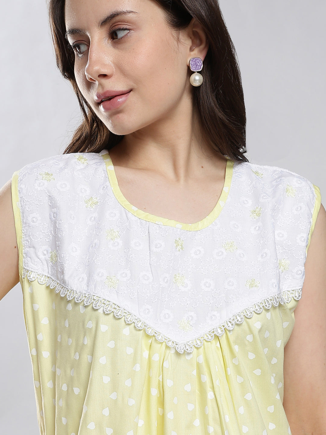 Pure Cotton Heart Print Sleeveless Nighty with Embroidered Yoke