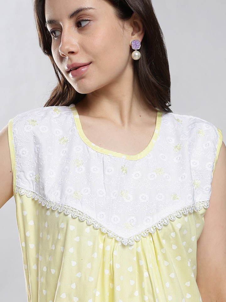 Pure Cotton Heart Print Sleeveless Nighty with Embroidered Yoke