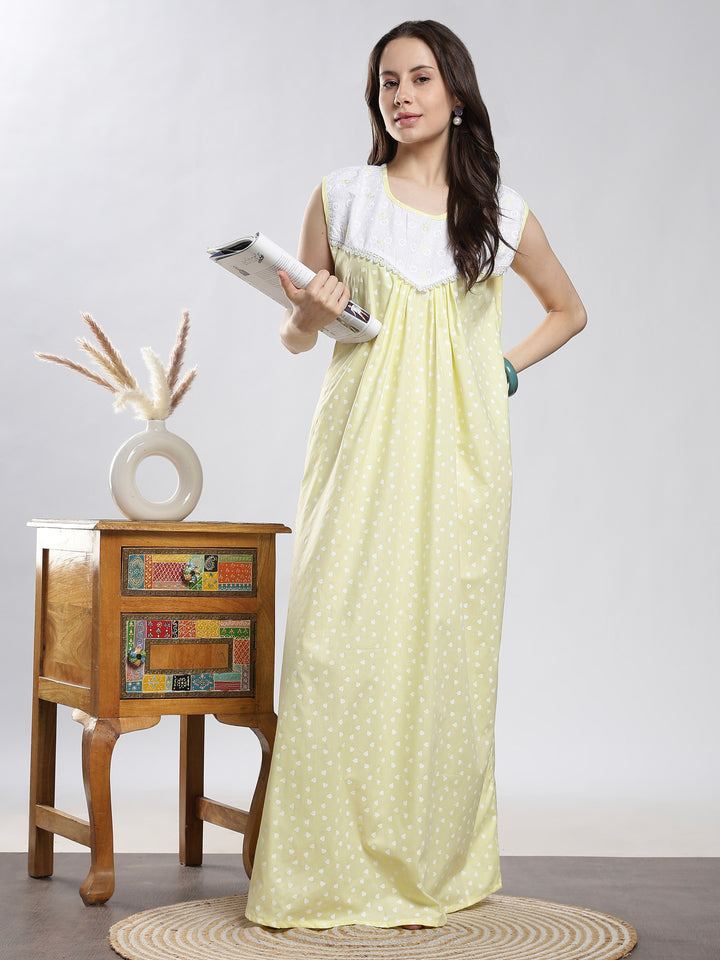 Pure Cotton Heart Print Sleeveless Nighty with Embroidered Yoke