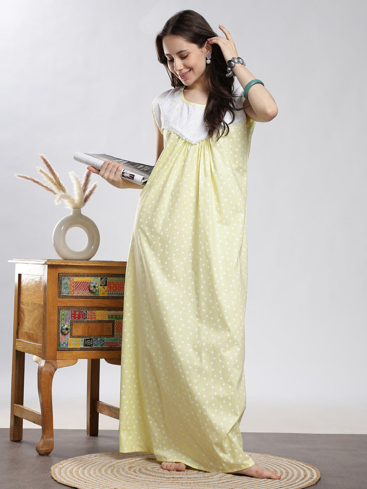 Pure Cotton Heart Print Sleeveless Nighty with Embroidered Yoke